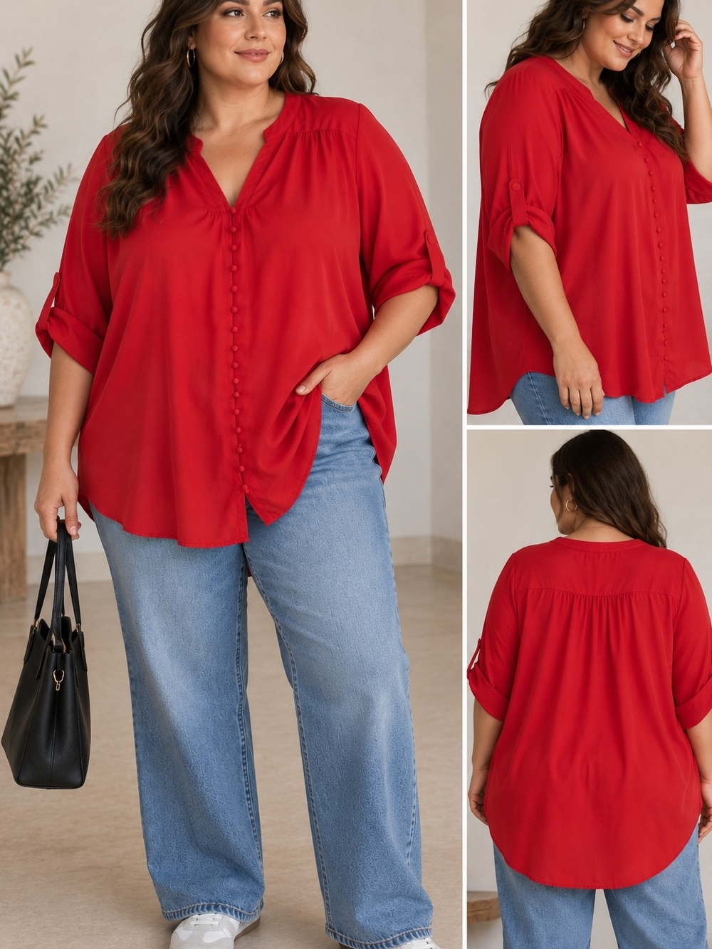 torrid Red Button-Front V-Neck Roll-Tab Blouse